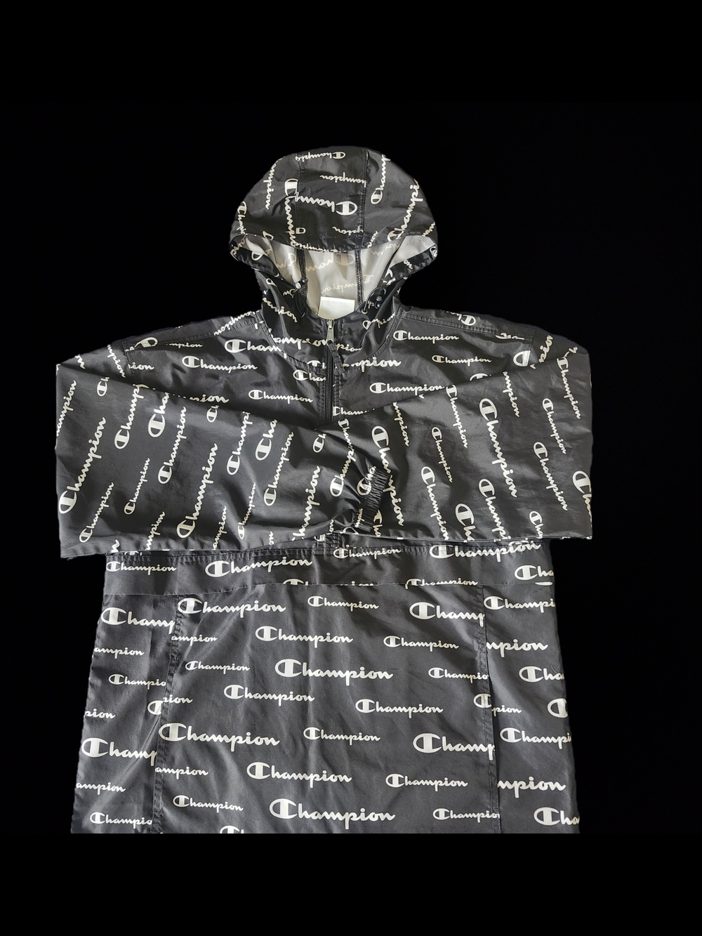 Mens Size M Vintage Champion Black Hooded Pullover with White Logo Print